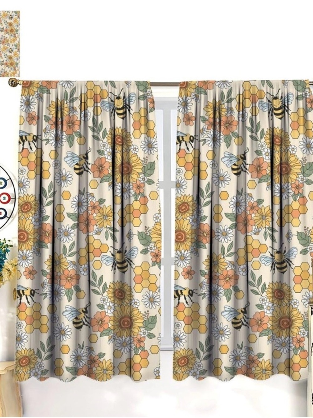 Bee Floral Honeycomb Window Curtains - Cream and Yellow